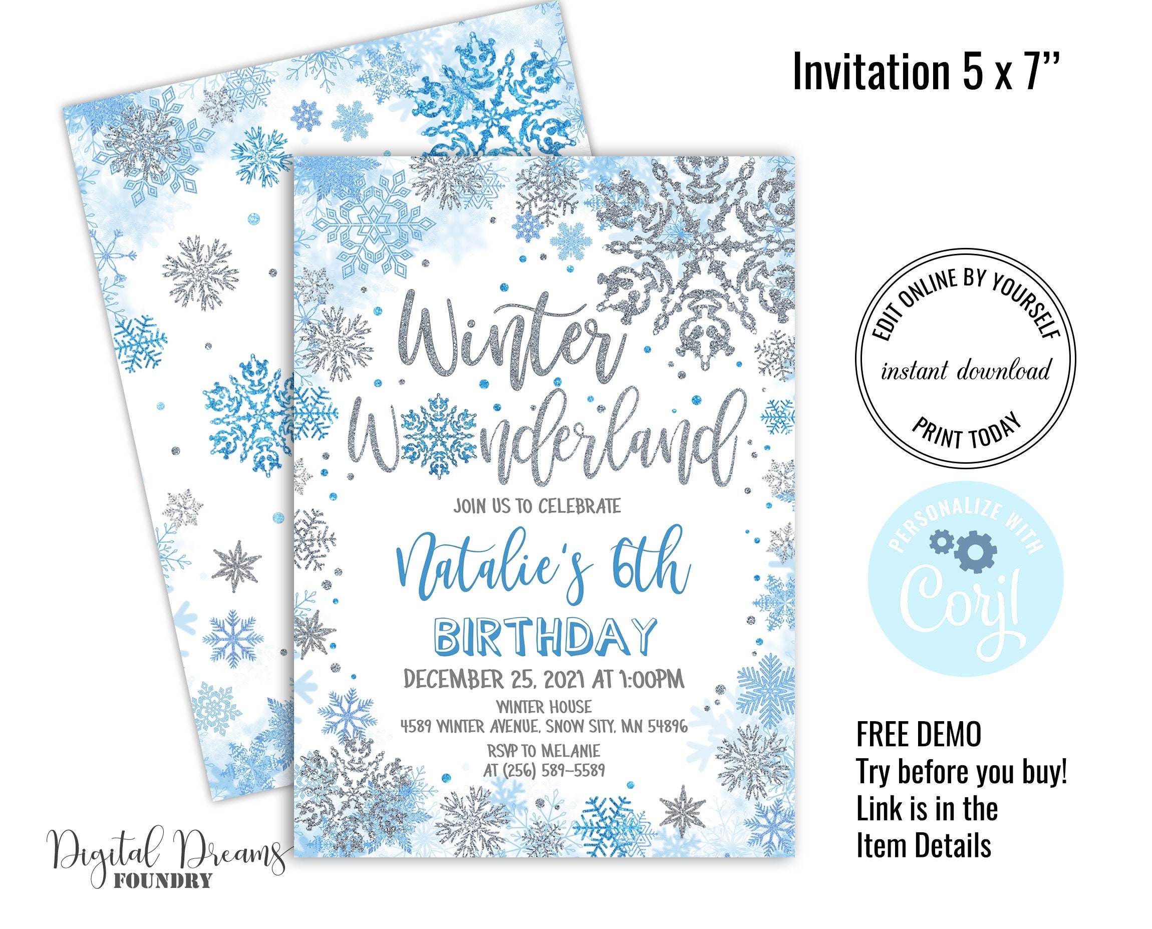 Snowflakes Birthday Invitation Girl or Boy Editable Template | Etsy