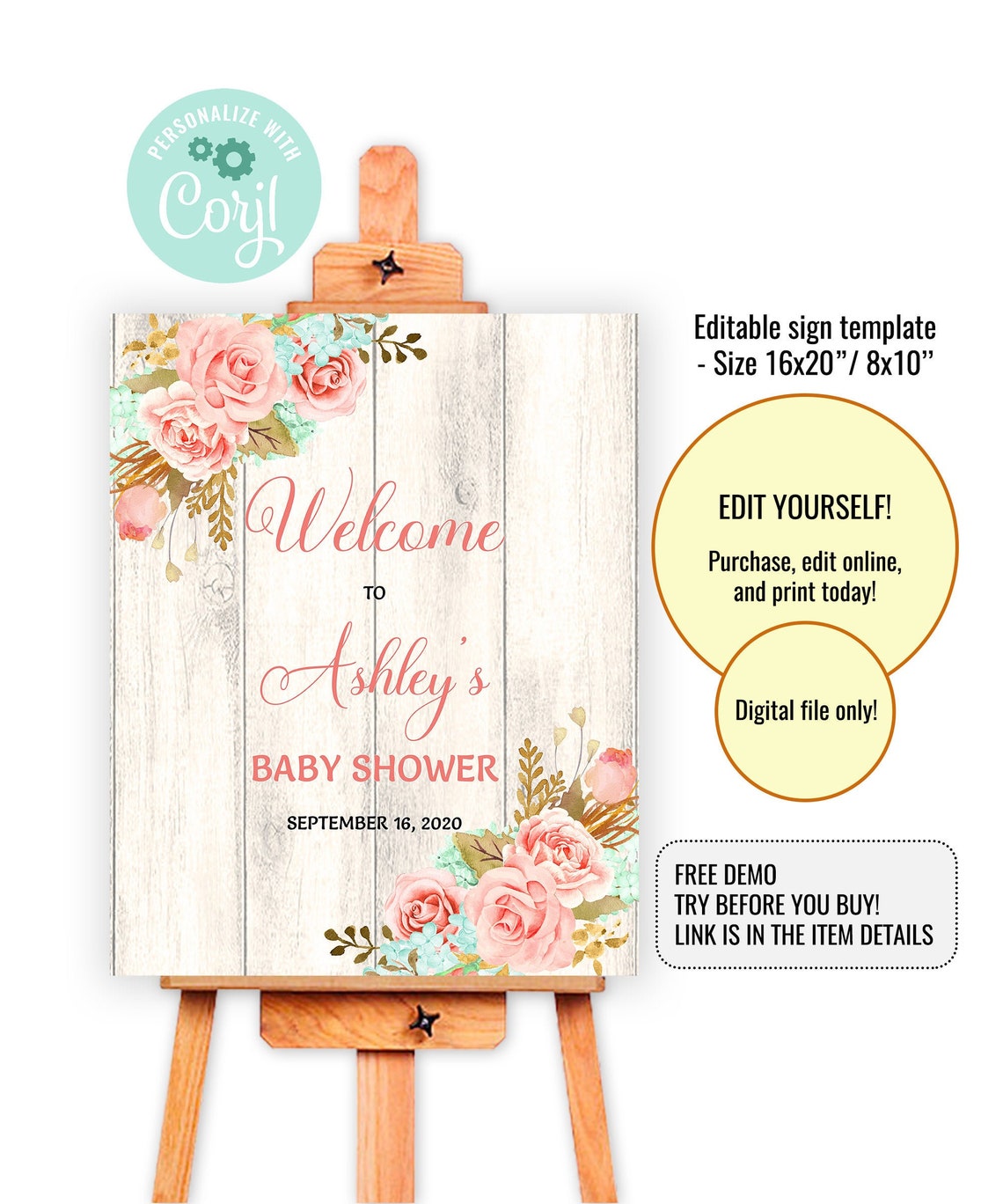 Baby Shower Sign Editable Template Coral Pink & Mint Etsy