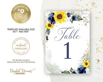 Editable Navy Blue Floral with Sunflowers Wedding Table Number, Boho Floral Wedding Table Number W015