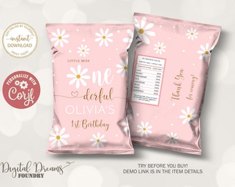 Boho Daisy Chip Bag, Editable Retro Daisy 1st Birthday Girl Treats Bag Wrapper, Miss Onederful Chips Pouch Favors Party Decoration B020