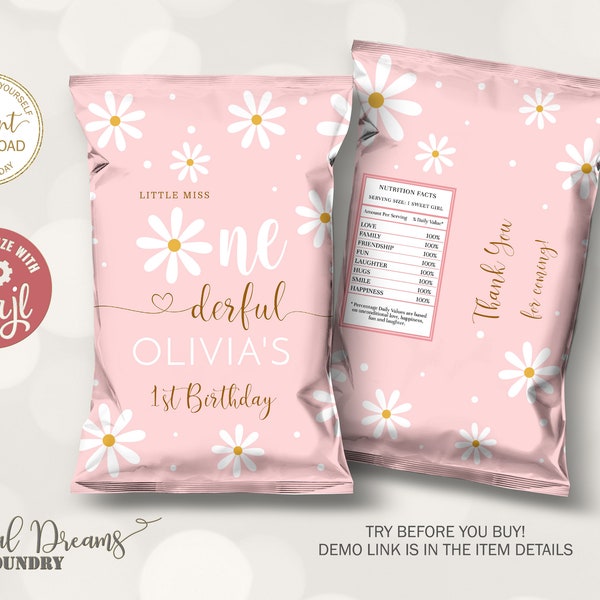 Boho Daisy Chip Bag, Editable Retro Daisy 1st Birthday Girl Treats Bag Wrapper, Miss Onederful Chips Pouch Favors Party Decoration B020