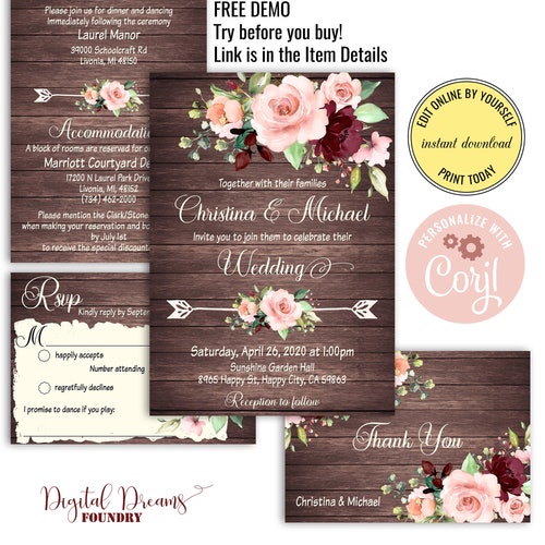 Printable Rustic Wedding Invitation Set Template Editable - Etsy