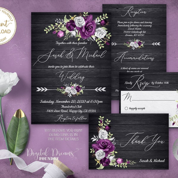 Romantic Purple Floral Wedding Invitation Set Editable Template Boho Wedding Rustic Wedding Invitation with Plum and White Flowers W012