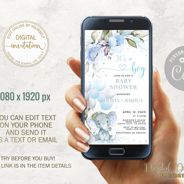 Editable Blue Floral with Cute Baby Elephant & Balloons Baby Shower Boy Smartphone Invitation, Blue Baby Elephant Phone Text Invitation B001