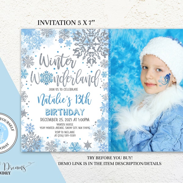 Winter Wonderland Birthday Invitation Girl or Boy, Editable Template with Photo, Silver & Blue Snowflakes, Any Age Winter Birthday B024