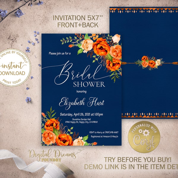 Orange Floral & Navy Blue Bridal Shower Invitation Editable Template, Rustic Wedding Theme, Romantic Wedding, Boho Bridal Invite  EW017