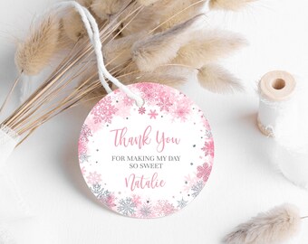 Editable Pink & Silver Snowflakes FavorTag, Winter Snowflakes Thank you Tag,  Printable Snowflake Gift Tag B024