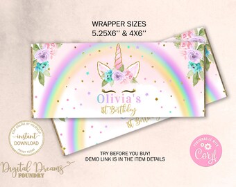 Editable Pastel Rainbow Unicorn Chocolate Bar Wrapper, Magical Unicorn Candy Bar Wrapper, Unicorn Birthday Girl Chocolate Label B007