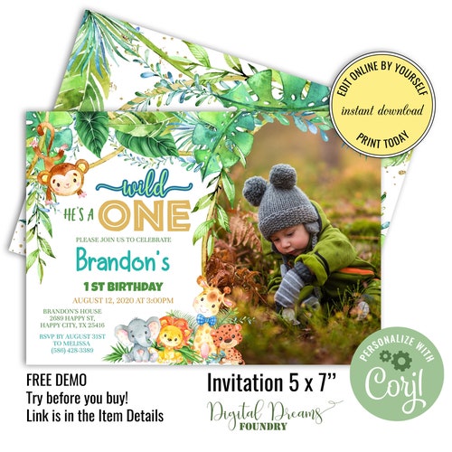 Wild One Birthday Boy Picture Invitation First Birthday Etsy