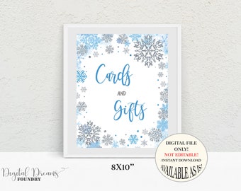 Blue Snowflakes Cards & Gifts Sign, Snowflake Baby Shower Birthday Decoration, Winter Table Party Decor, Snowflakes Gifts Table Sign B024