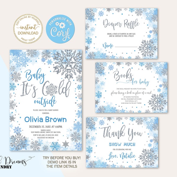 Editable Blue Snowflake Baby Shower Invitation Set, Winter Snowflake Baby Shower Pack, Baby It's Cold Outside Baby Shower Bundle, B024