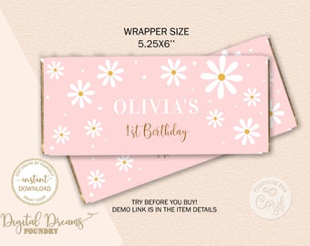 Editable Boho Daisy Chocolate Bar Wrapper, Daisy Candy Bar Wrapper, Boho Retro Daisy Birthday Party Decor B020
