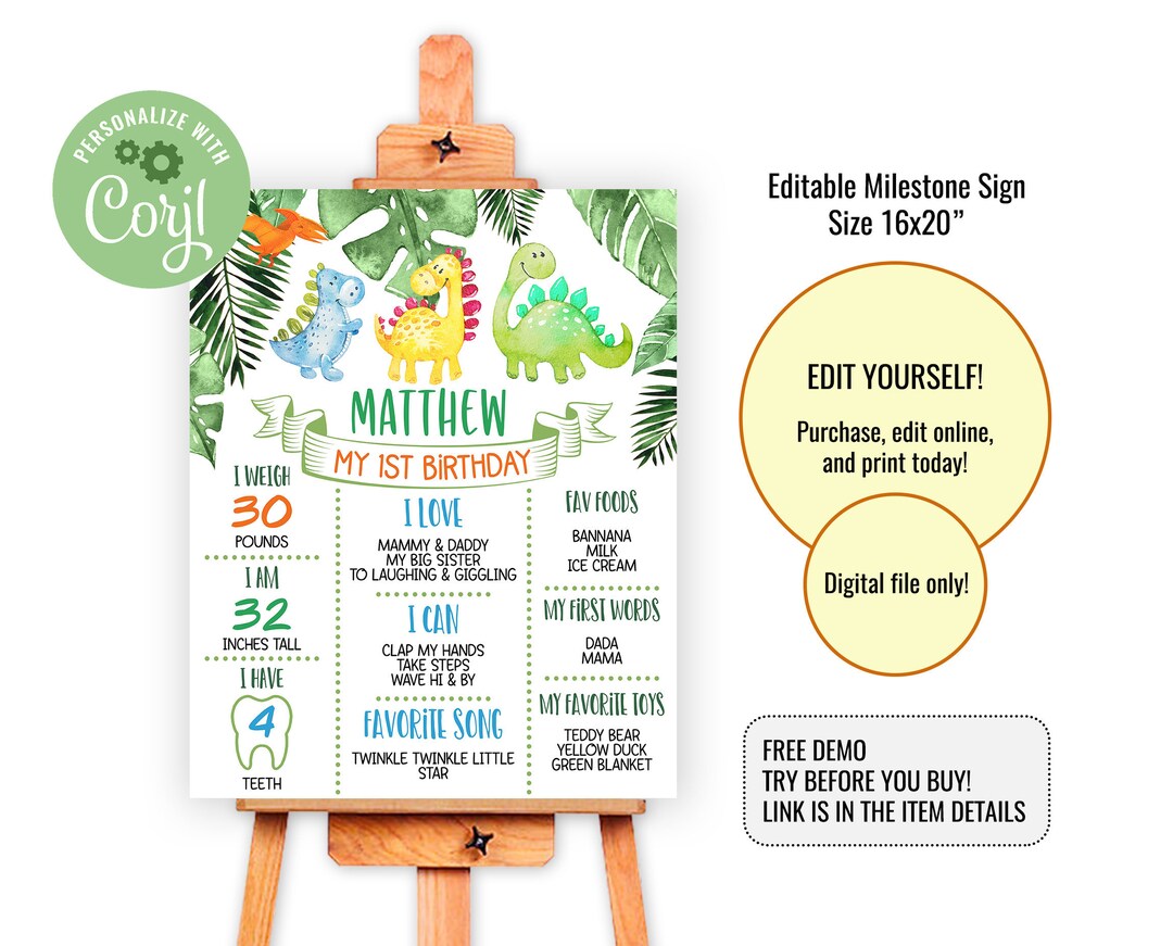 Editable Dinosaur Birthday Milestone Board, 1st Birthday Poster ...
