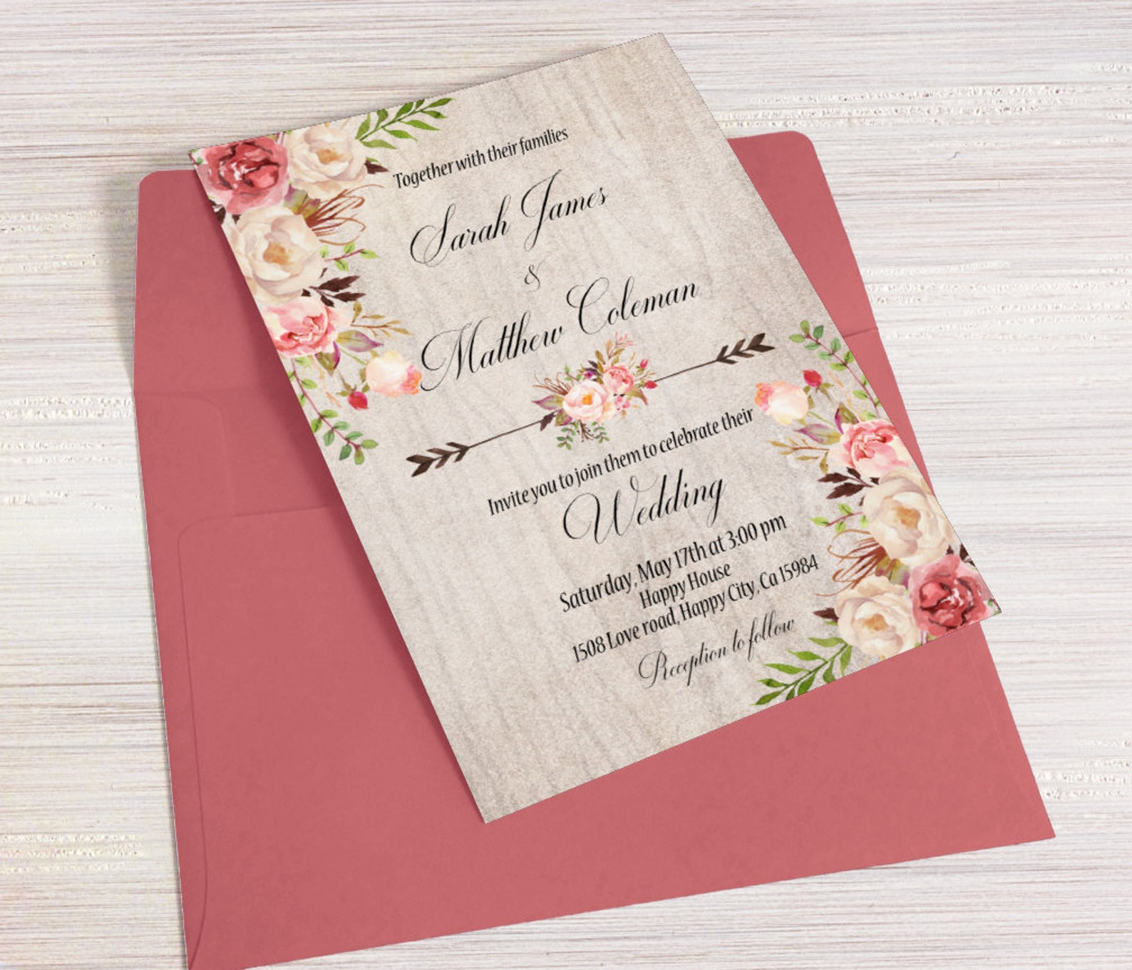 Blush Pink Wedding Invitation Printable Boho Wedding Etsy