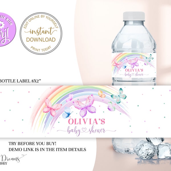 Editable Rainbow Butterfly Water Bottle Label, Printable Colorful Butterfly Baby Shower Drink Decoration, Boho Butterfly Bottle Label B012