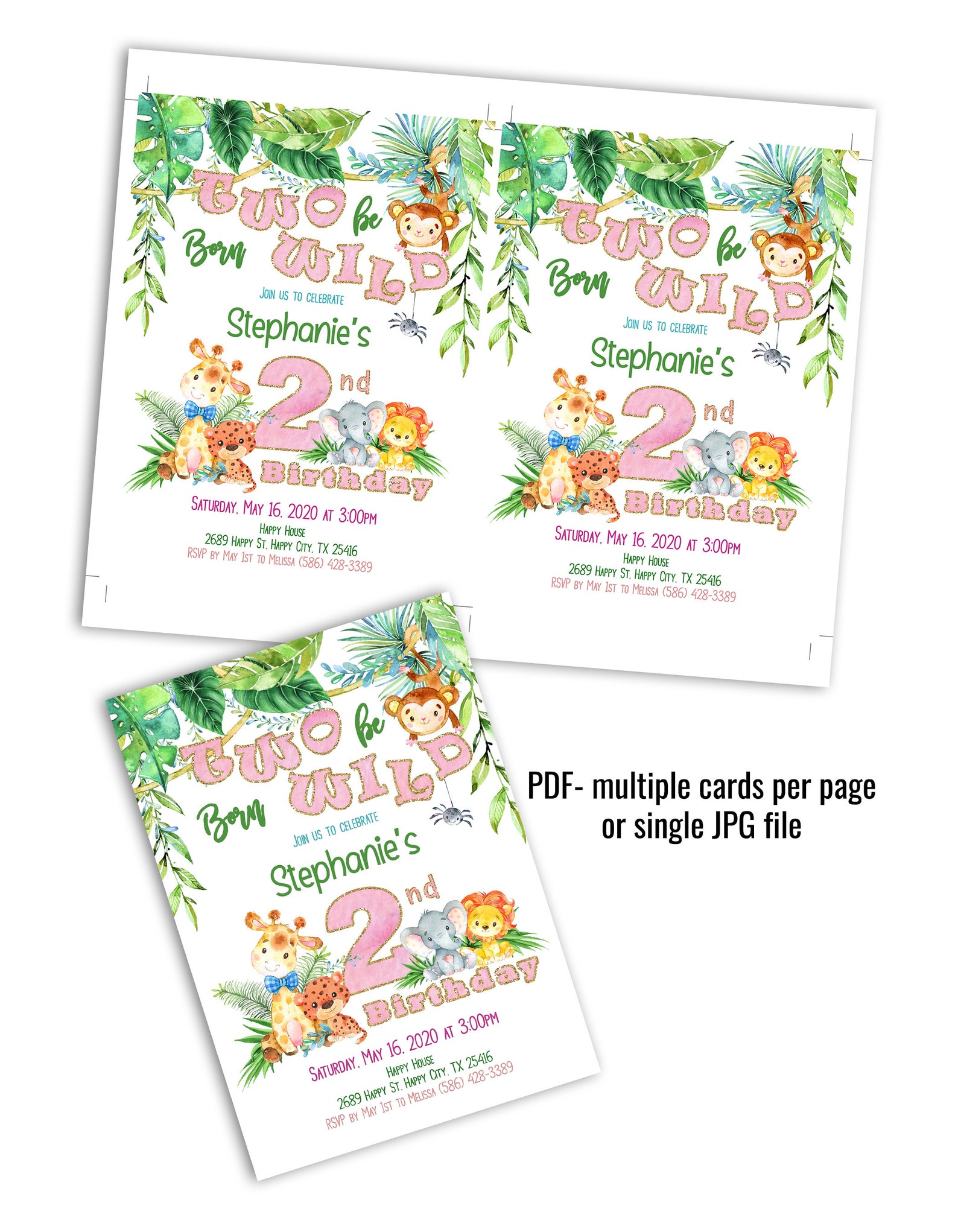 Two Wild Birthday Invitation Girl Editable Template Jungle Etsy