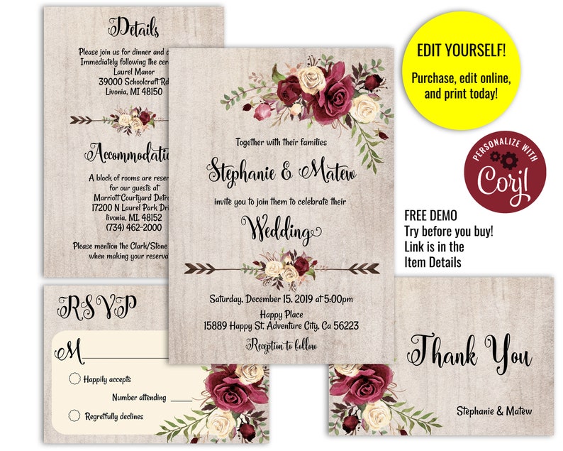 Burgundy Wedding Invitation Editable Template Floral