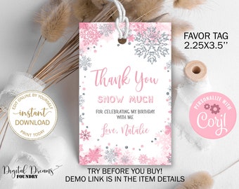 Editable Pink Snowflakes Favor Tag, Winter Thank you Tag, Pink and Silver Snowflakes Birthday Party Favor Tag, Winter Baby Shower Tag B024