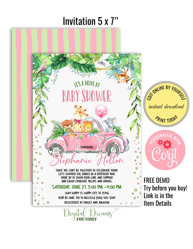 Drive By Baby Shower Invitation Girl Editable Template Etsy