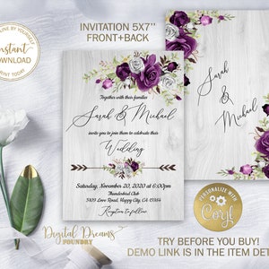 Romantic Purple Floral Wedding Invitation Editable Template Boho Wedding Rustic Wedding Invitation with Plum and White Flowers W012