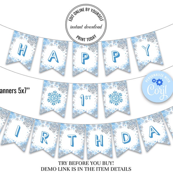 Blue Snowflakes Happy Birthday Banner, First Birthday Banner, Editable Template, 1st Birthday Party Decor, Winter Party Decoration  B024