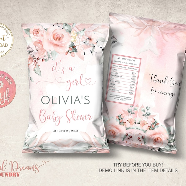 Blush Pink Floral Chip Bag, Editable Blush Bag Wrapper, Baby Shower Party Food Decoration, Chips Pouch, Snacks Treats Favor Chip Bag B006