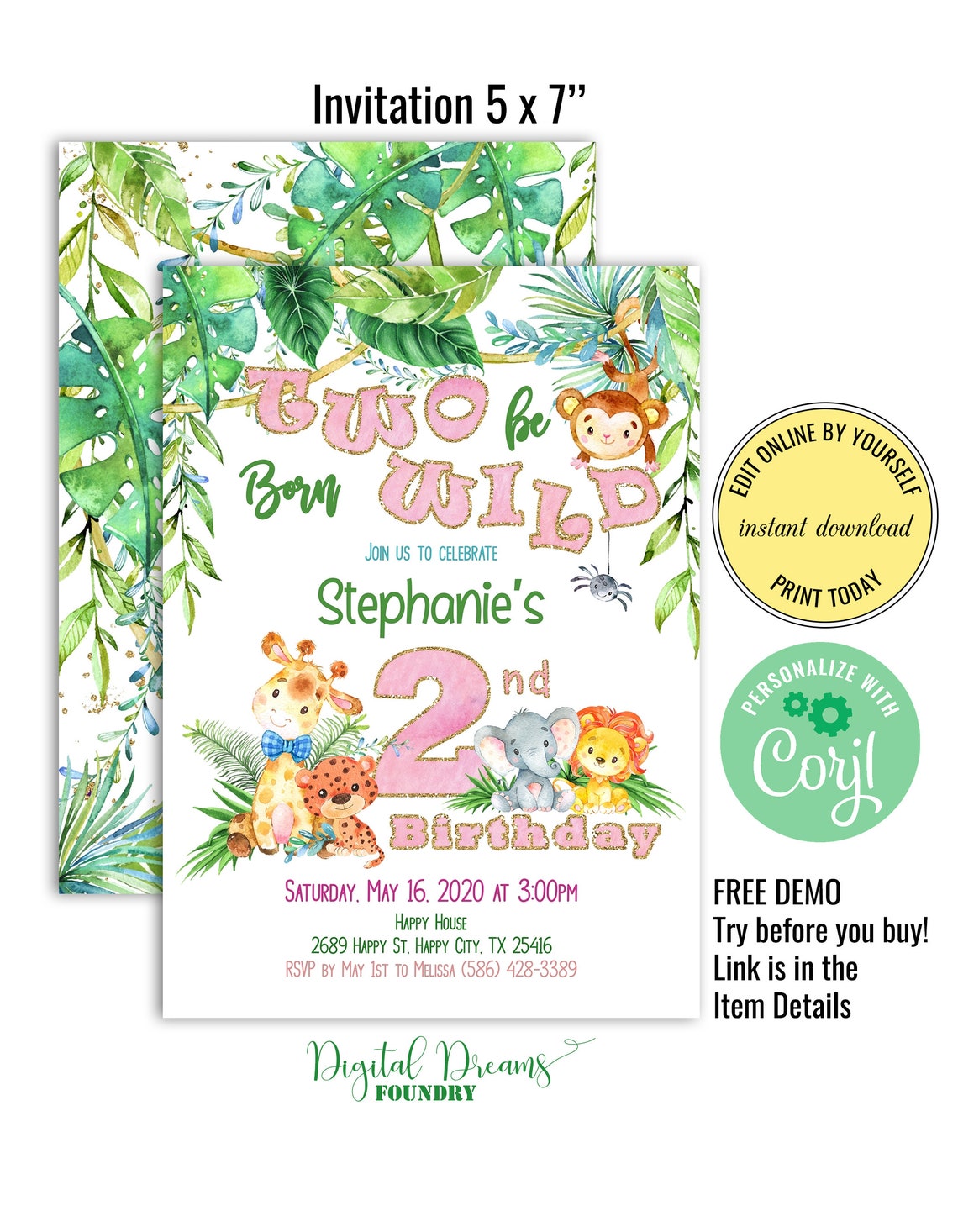 Two Wild Birthday Invitation Girl Editable Template Jungle Etsy