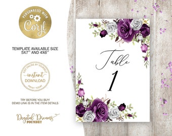 Editable Plum and White Floral Wedding Table Numbers, Printable Table Decoration Cards, Rustic Wedding Decoration, Boho Wedding, W012