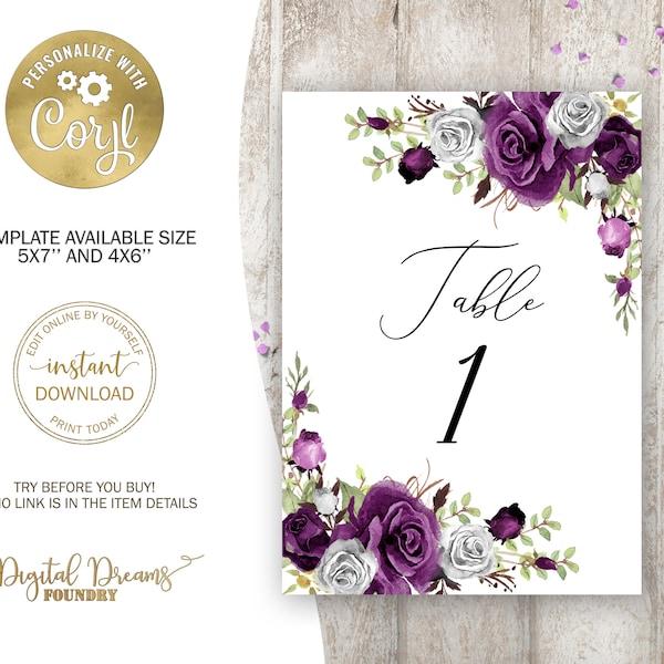 Editable Plum and White Floral Wedding Table Numbers, Printable Table Decoration Cards, Rustic Wedding Decoration, Boho Wedding, W012