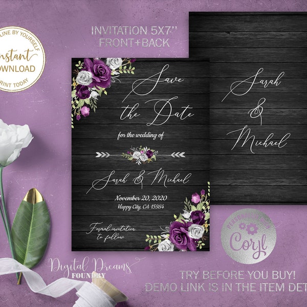 Editable Template Purple Save the Date Invitation Printable Boho Save the Date Romantic Wedding Rustic Wedding Country Wedding  W012