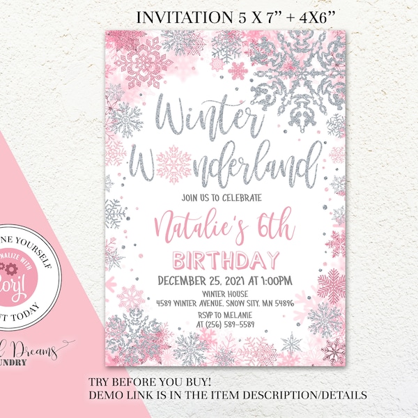 Pink Snowflakes Birthday Invitation Girl Editable Template, Winter Wonderland Any Age Birthday Invitation, Winter Birthday Party B024