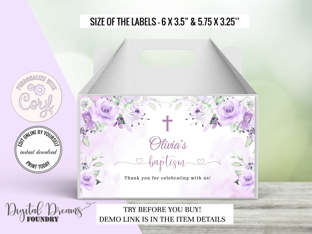 Lavender Floral Baptism Gable Box Label, Editable Lavender Christening