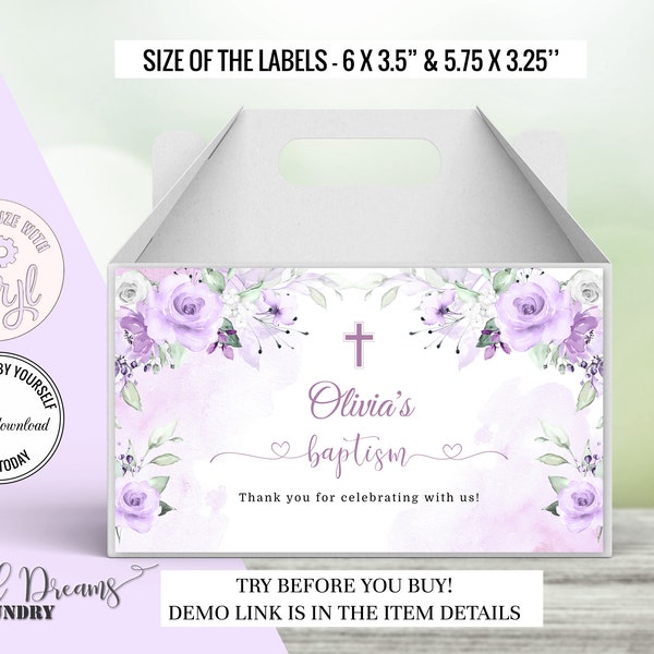 Lavender Floral Baptism Gable Box Label, Editable Lavender Christening Gift Box Label,  Bohemian First Holy Communion Party Decor B009