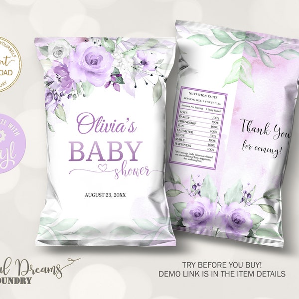 Editable Lavender Chip Bag Wrapper, Purple Floral Baby Shower Chips Pouch, Boho Baby Shower Snacks Treats Favor Chip Bag B009