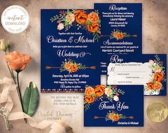 Modèle modifiable d'invitation de mariage bleu marine, mariage floral orange, mariage Boho, mariage romantique, ensemble imprimable de mariage rustique EW017