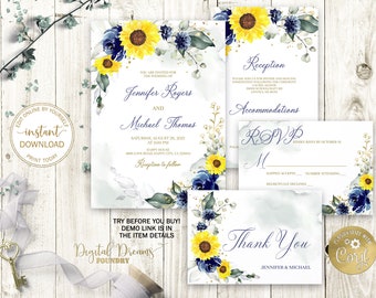 Sunflowers Wedding Invitation Set, Editable Boho Wedding Invitation, Rustic wedding Theme, Romantic Wedding Set, Garden Wedding W015