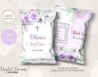 Editable Lavender Floral Chip Bag Wrapper, Purple Floral Baptism Chips Pouch, Boho Baptism Snacks Treats Favor Chip Bag B009