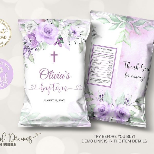 Editable Lavender Floral Chip Bag Wrapper, Purple Floral Baptism Chips Pouch, Boho Baptism Snacks Treats Favor Chip Bag B009