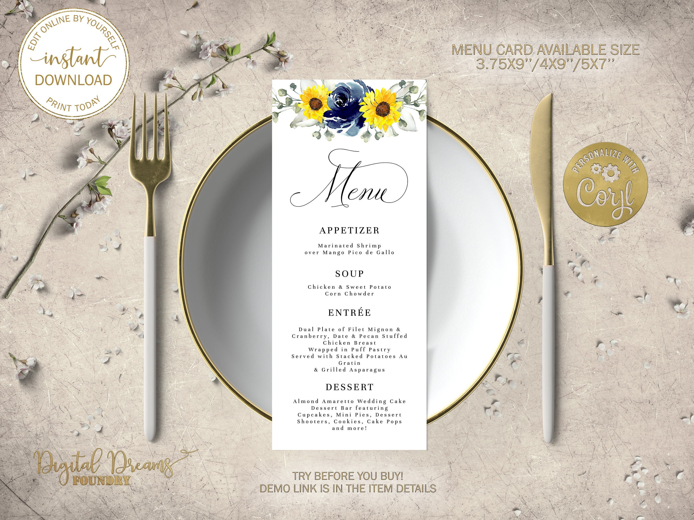 Editable Navy Blue Sage Green Sunflowers Wedding Menu Card Wedding Table Decoration Printable Dinner Menu Wedding Party
