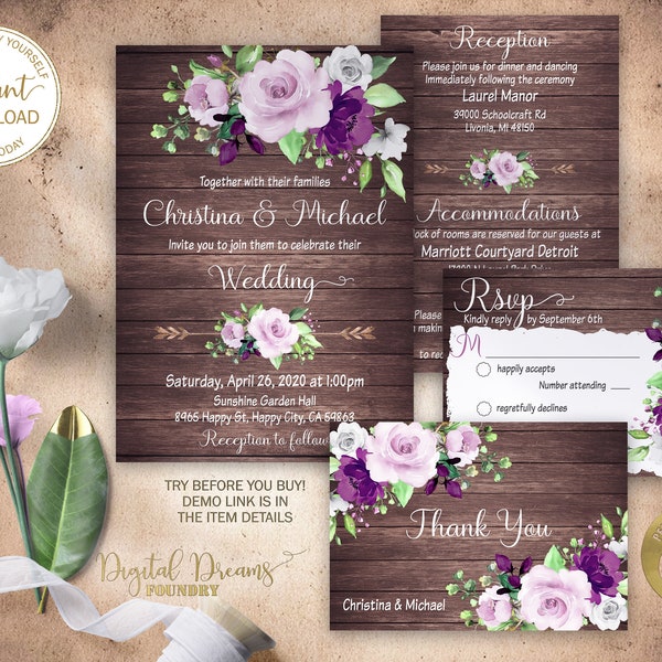 Modèle modifiable d'invitation de mariage floral violet rustique, ensemble de mariage Boho, mariage de roses romantiques, lilas, prune et vert sauge couleurs EW029