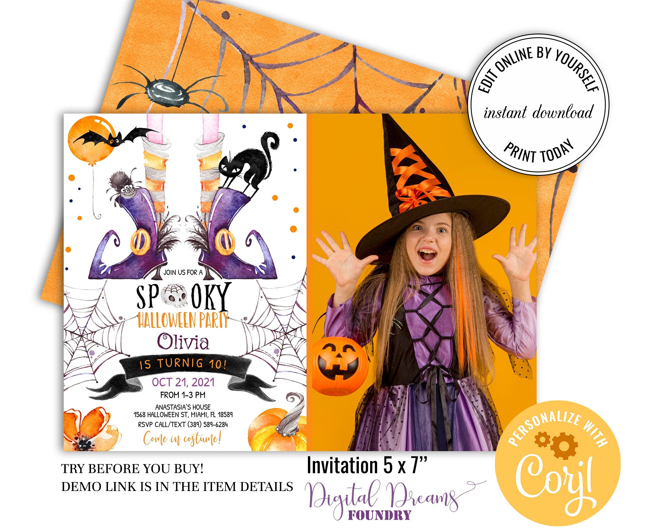 Halloween Birthday Invitation Girl Spooky Celebration Etsy
