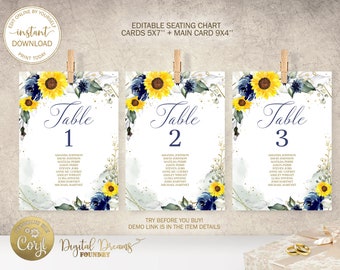 Wedding Seating Chart Cards, Editable Template, Navy Blue & Sunflowers Wedding Table Decoration W015