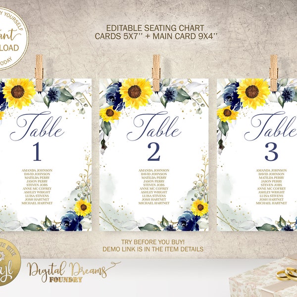 Wedding Seating Chart Cards, Editable Template, Navy Blue & Sunflowers Wedding Table Decoration W015