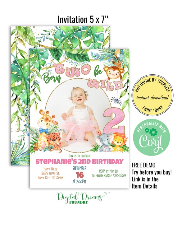 Two Wild Birthday Invitation Girl Editable Template with Etsy