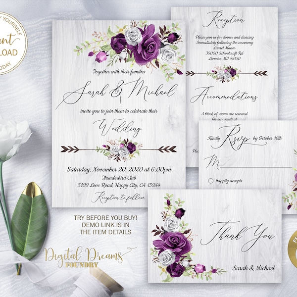 Romantic Purple Floral Wedding Invitation Set Editable Template Boho Wedding Rustic Wedding Invitation with Plum and White Flowers W012