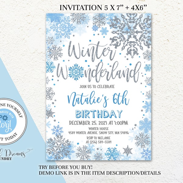 Modèle modifiable d'Invitation d'anniversaire de flocons de neige fille ou garçon, Winter Wonderland n'importe quel âge Invitation d'anniversaire, invitation d'anniversaire d'hiver B024