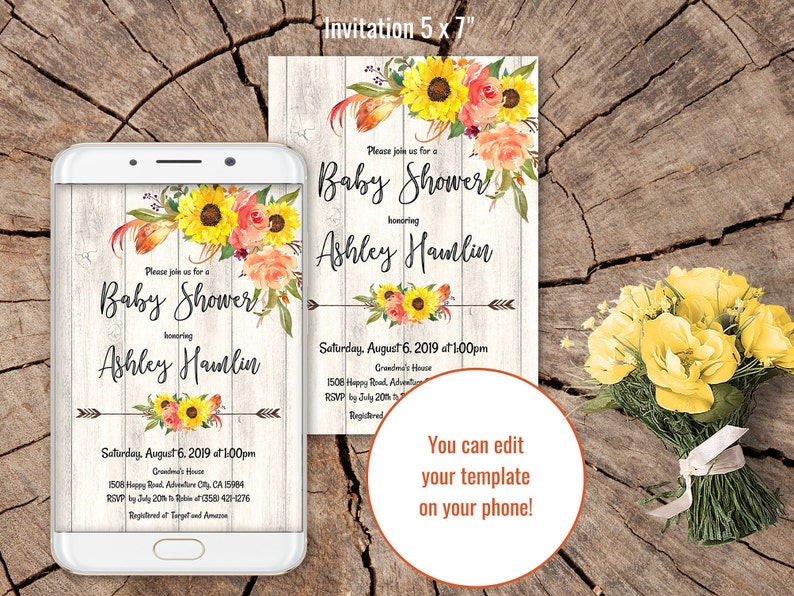Editable Sunflower Baby Shower Invitation Girl Printable Etsy