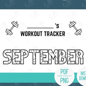 Puede incluir: Un rastreador de entrenamiento en blanco y negro para septiembre, con ilustraciones de pesas y el texto "WORKOUT TRACKER". Incluye el texto "PDF" y "DESCARGA INSTANTÁNEA".