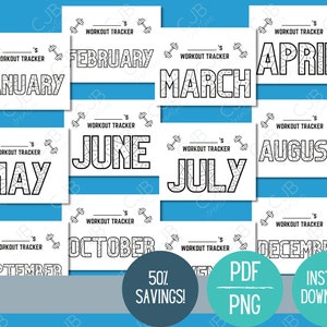 Op de afbeelding: Een verzameling afdrukbare workout trackers voor elke maand van het jaar, met een halterafbeelding boven de naam van elke maand. De tekst "Workout Tracker" staat boven elke maand. De afbeelding bevat ook een afbeelding met "50% korting!" en tekst voor "PDF PNG" en "Direct downloaden".