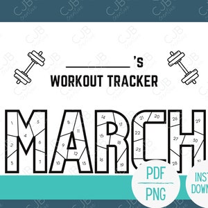 May include: A printable workout tracker for the month of March. The tracker features a black and white illustration of a dumbbell and the word "March" broken into individual letters, each with a number inside. The numbers are arranged in a grid pattern.